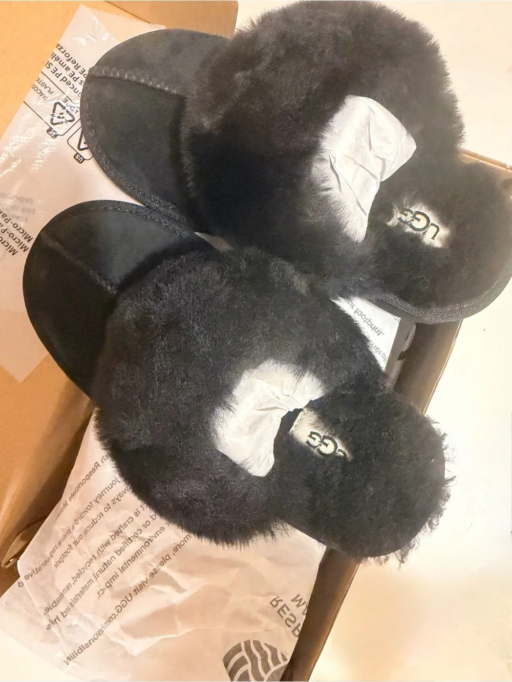 Kids UGG Black Plush Backless Slide Slippers